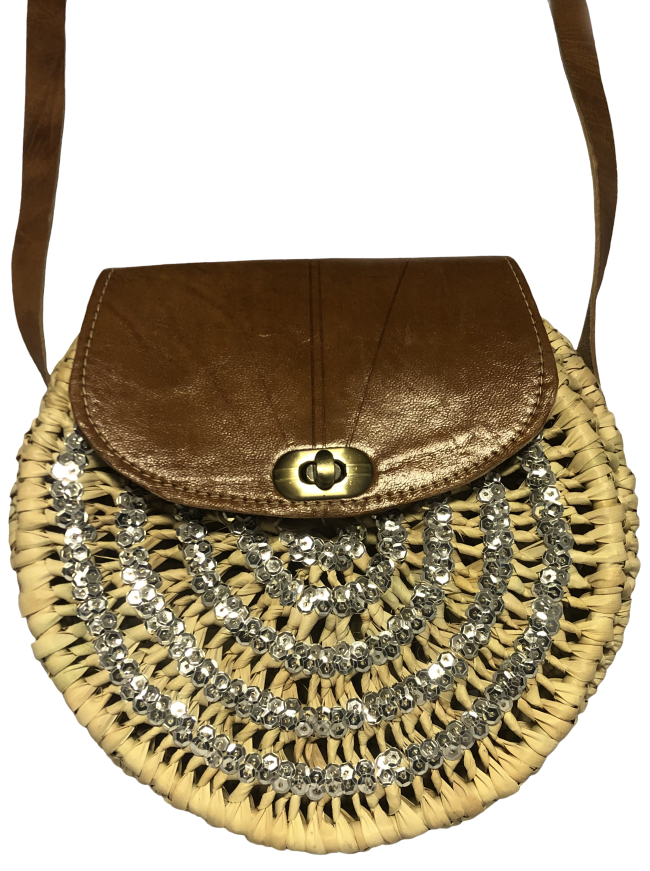 Silver sequin raffia bag