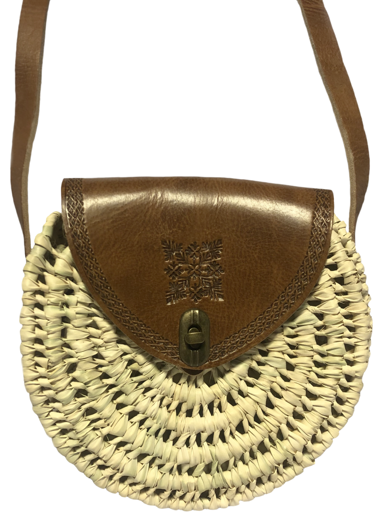 Raffia crossbody tas – handgeweven Marokkaanse schoudertas met leren voorkant