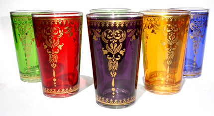 Bunte marokkanische Teegläser, verziert mit traditionellen goldenen Mustern (6er-Pack)
