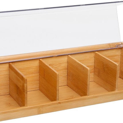 Theedoos lichtbruin met deksel - 5-vaks - Bamboe hout
