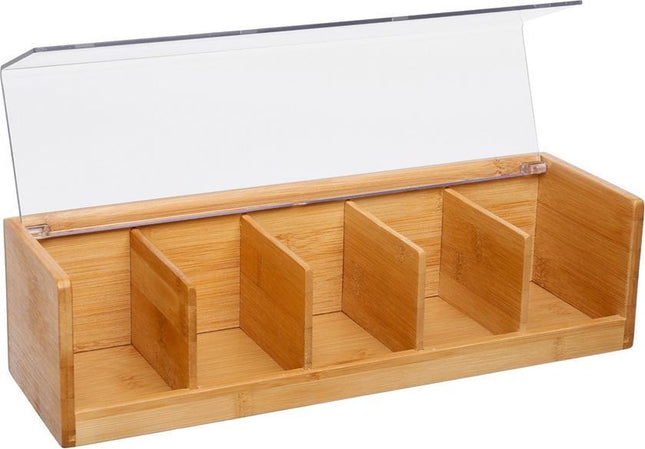 Teedose hellbraun mit Deckel - 5 Fächer - Bambusholz