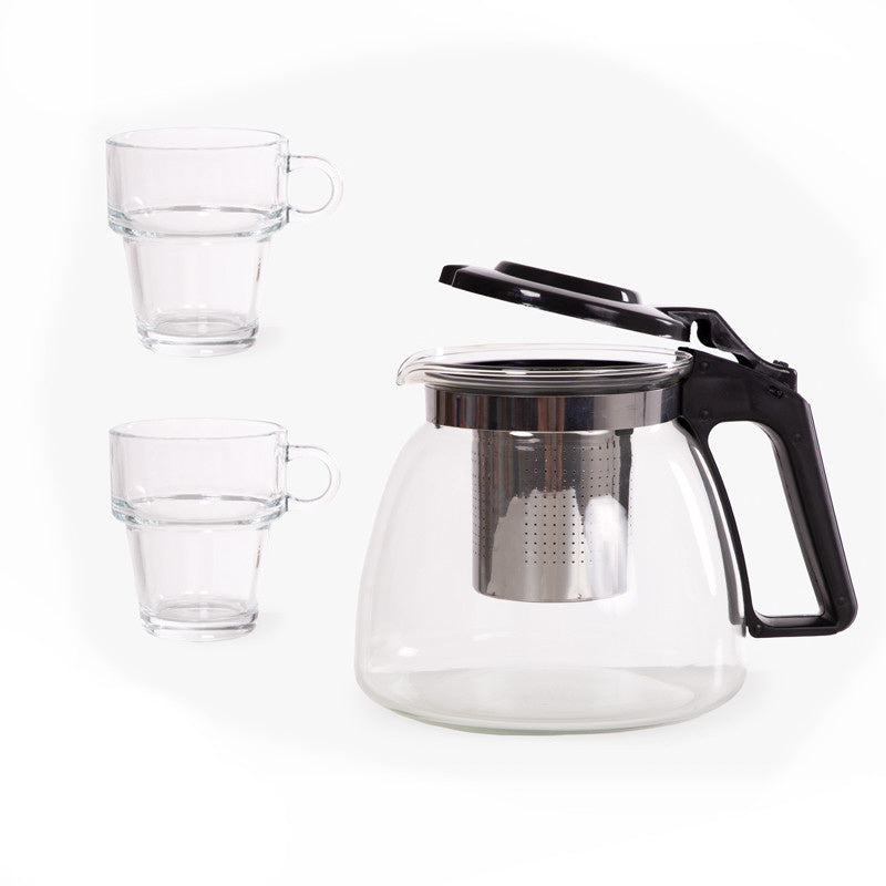 Theeset 3-delig: theepot 900 ml met 2 glazen kopjes van 270 ml