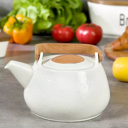 Teekanne aus Porzellan – 1,2 Liter, elegantes Design mit Buchenholzgriff – perfekt für Teeliebhaber