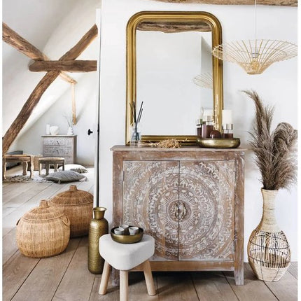 Thena Beistelltisch Hocker - Dreibeiniger Pouf in Elfenbein - 32x32x36 cm - Sitzhocker - Beistelltischchen - Dekorativer Hocker -