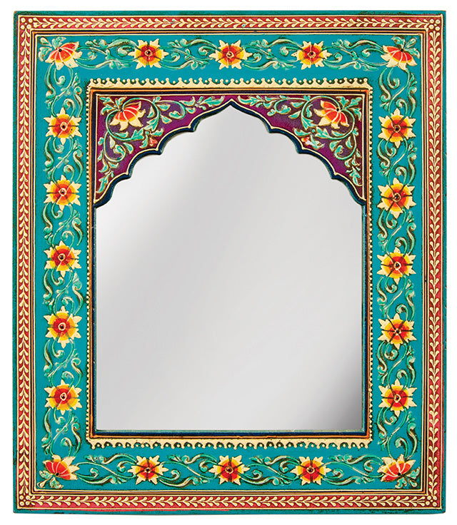 Miroir mural turquoise peint à la main fleurs