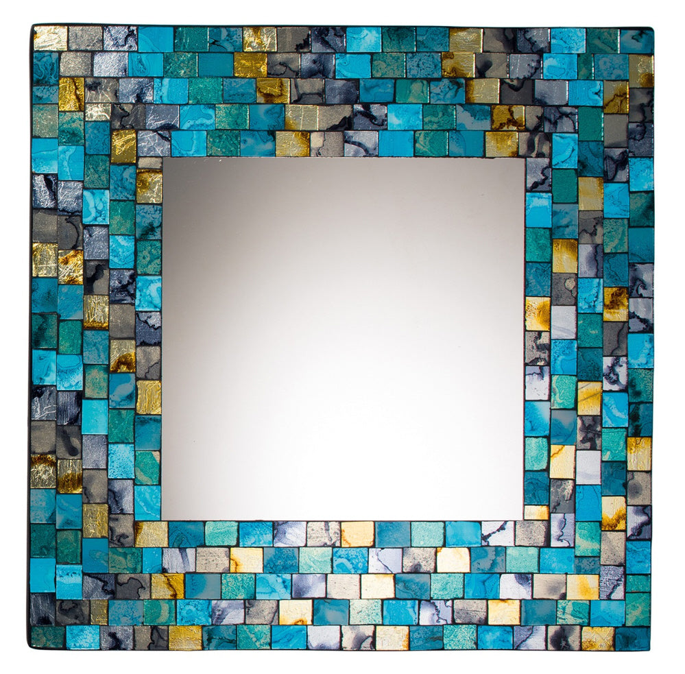 Miroir oriental carré mosaïque turquoise et or