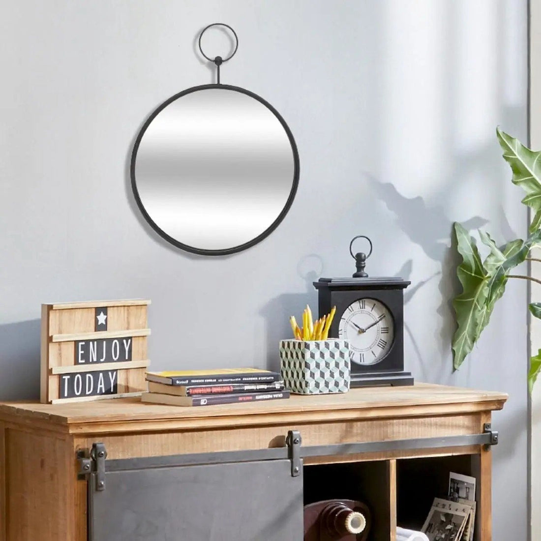 Miroir mural rond D30 cm métal noir