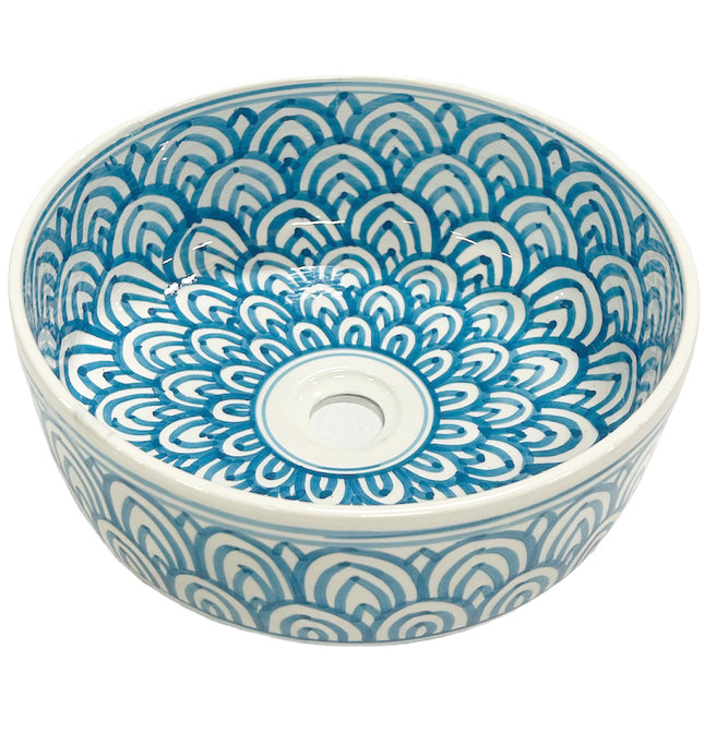 Marokkanisches Keramikwaschbecken 35 cm - Weiß - Hellblau - Handgefertigt
