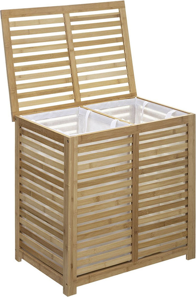 Wäschekorb Bambus - Doppelbehälter - 2x 50 Liter Fach - 58 x 40 x 60 cm - mit Deckel