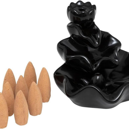 Schwarzer Keramik-Räucherbrunnen mit 10 Räucherkegeln – Stilvolles Aromatherapie-Set (9,5x10,5 cm)