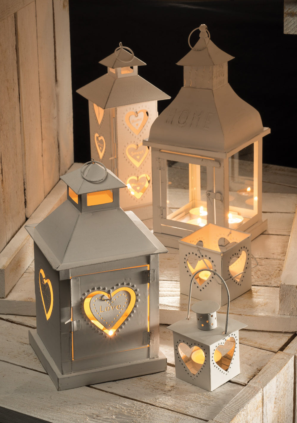 White finished metal heart-shaped lantern
