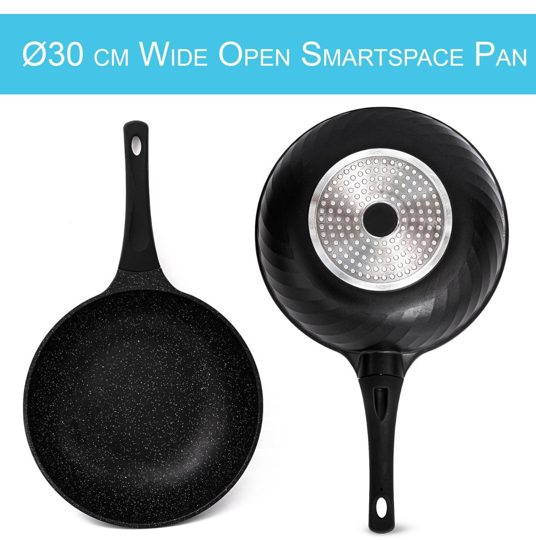Wok en revêtement marbre compatible induction - avec couvercle en verre - Noir - 30 cm