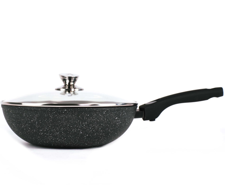 Wok en Marbre Induction - avec couvercle en verre - Noir - 28 cm