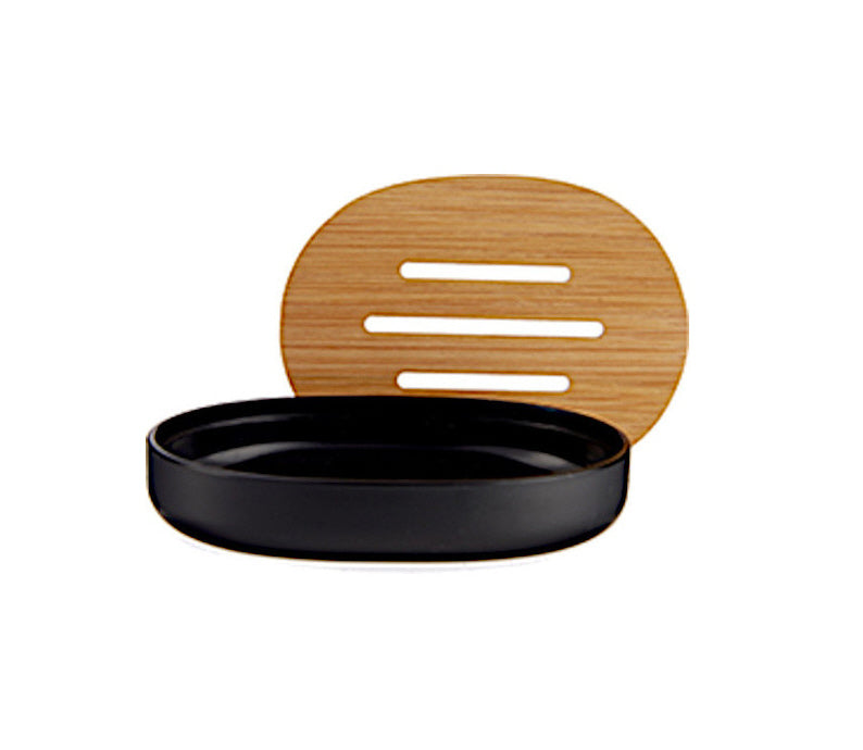 Black soap dish with bamboo lid