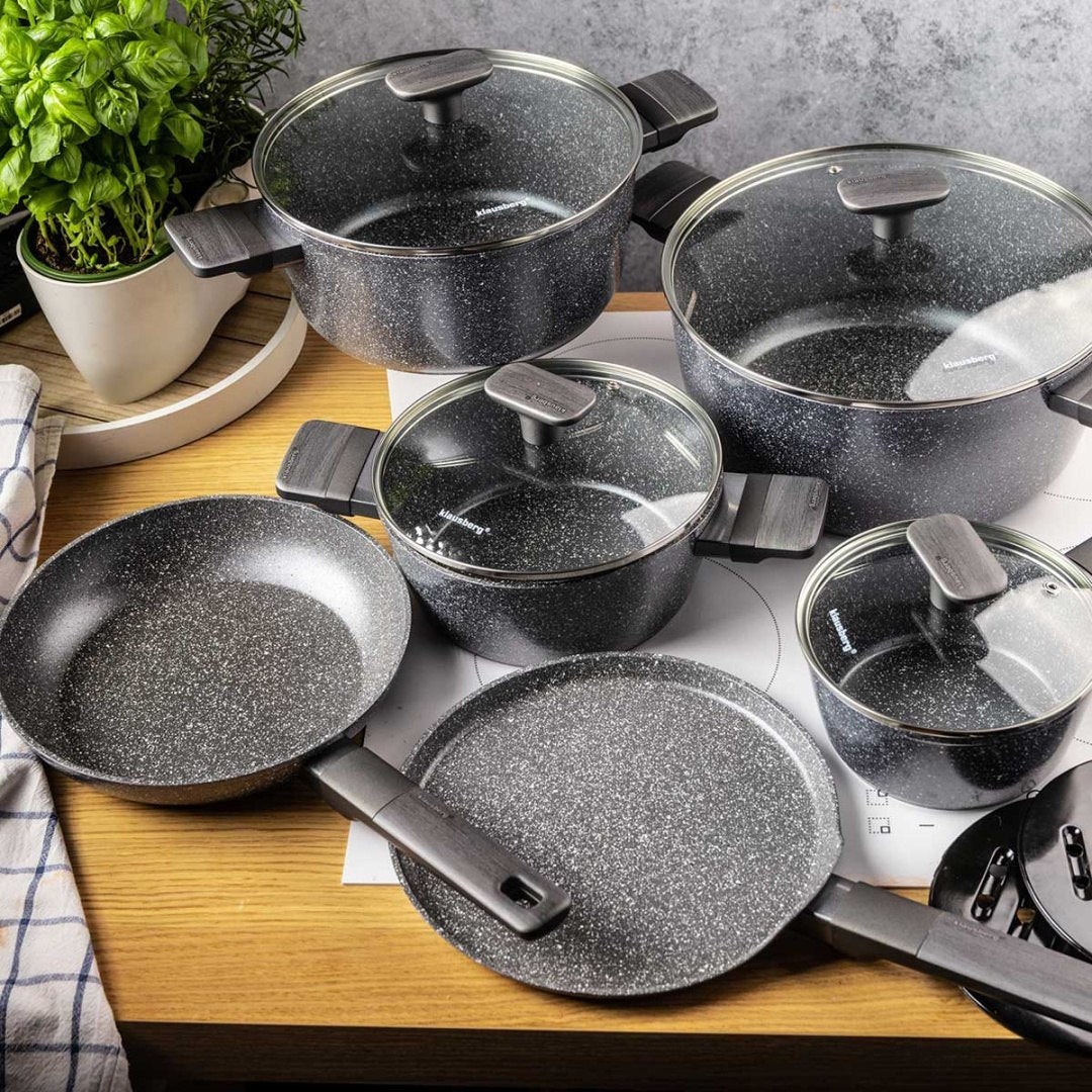 Klausberg 12-delige pannenset met marmeren coating – grijs, glazen deksels – foto 2