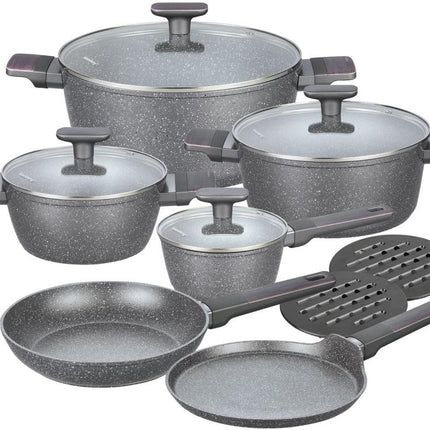 12-delige Marmeren Pannenset in Grijs - Compleet en Functioneel Kookgerei met Glazen Deksels