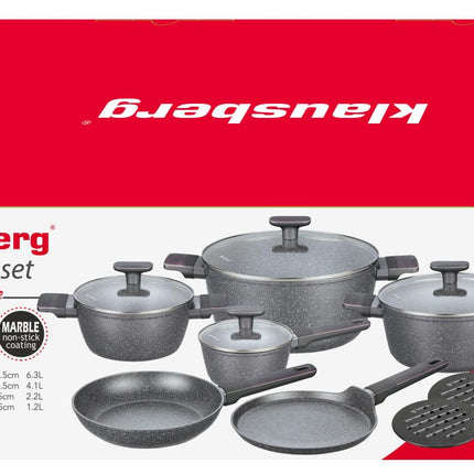 12-delige Marmeren Pannenset in Grijs - Compleet en Functioneel Kookgerei met Glazen Deksels