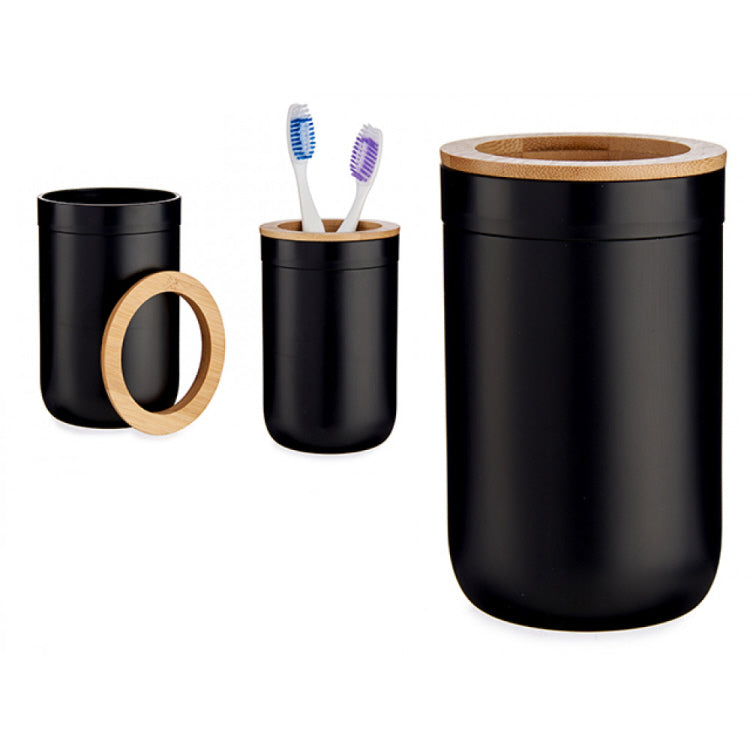 Black toothbrush holder with bamboo lid