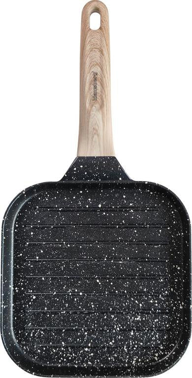 Kompakte schwarze Antihaft-Grillpfanne mit Holzgriff - 36x18,5x2,5 cm